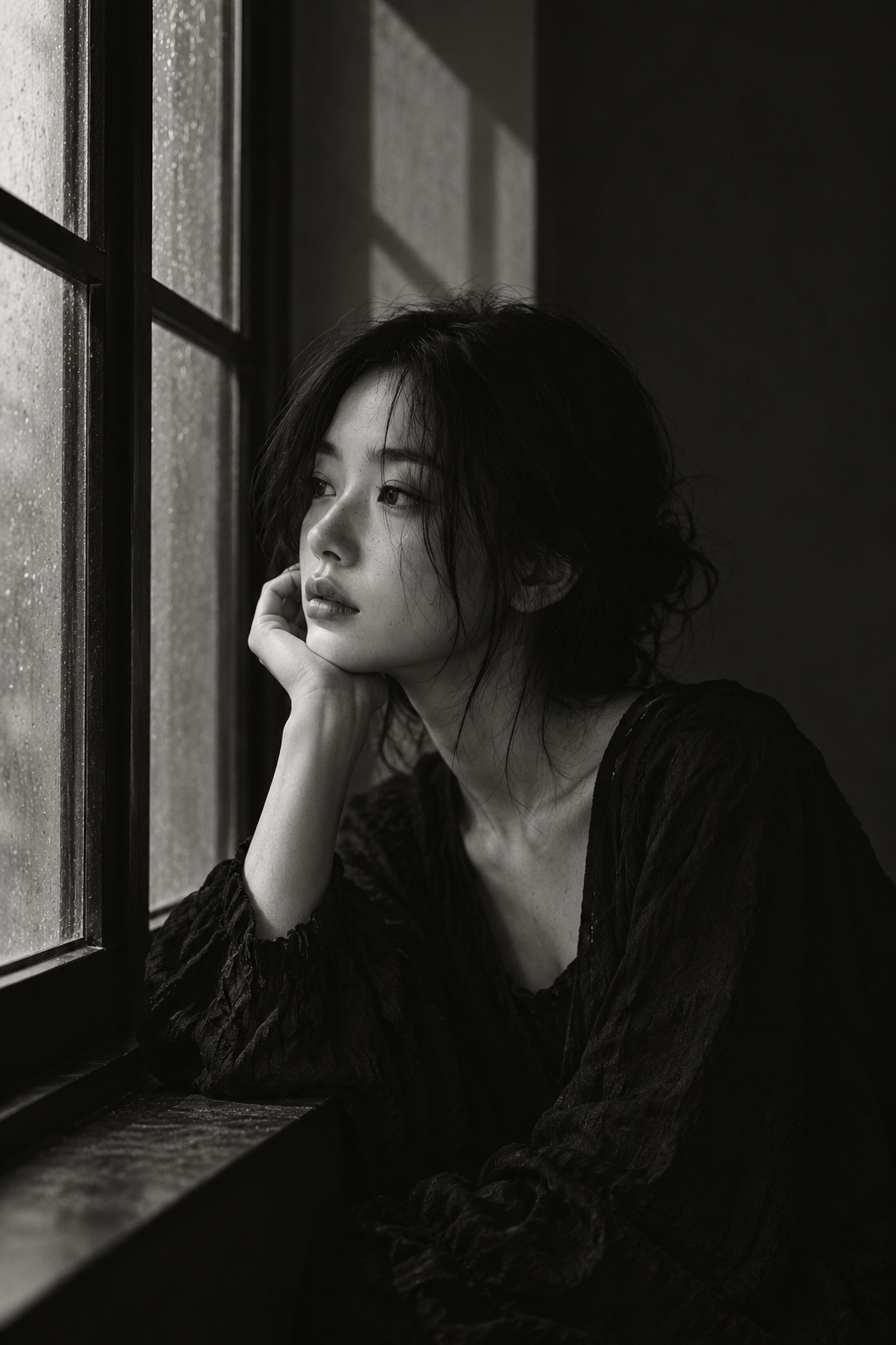 Black-and-white window portrait prompts — published visual reference
